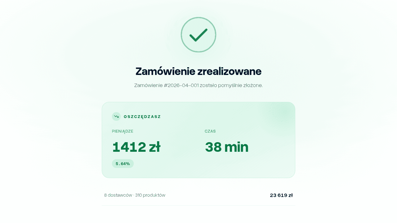 Podsumowanie zamówienia w nowej wersji aplikacji SprytnyKupiec — przykładowe oszczędności w pieniądzach i czasie